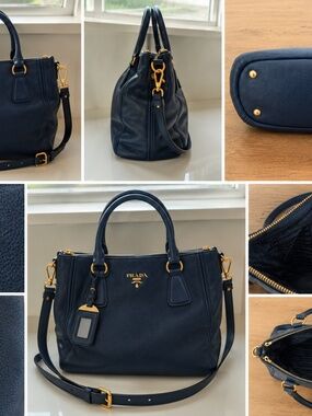 Authentic Dark Navy Prada Vitello Daino Convertible Handbag